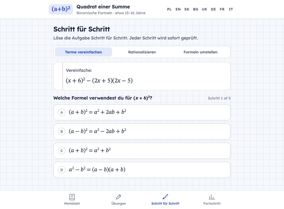 Quadrat einer Summe — Beispiel einer Übung