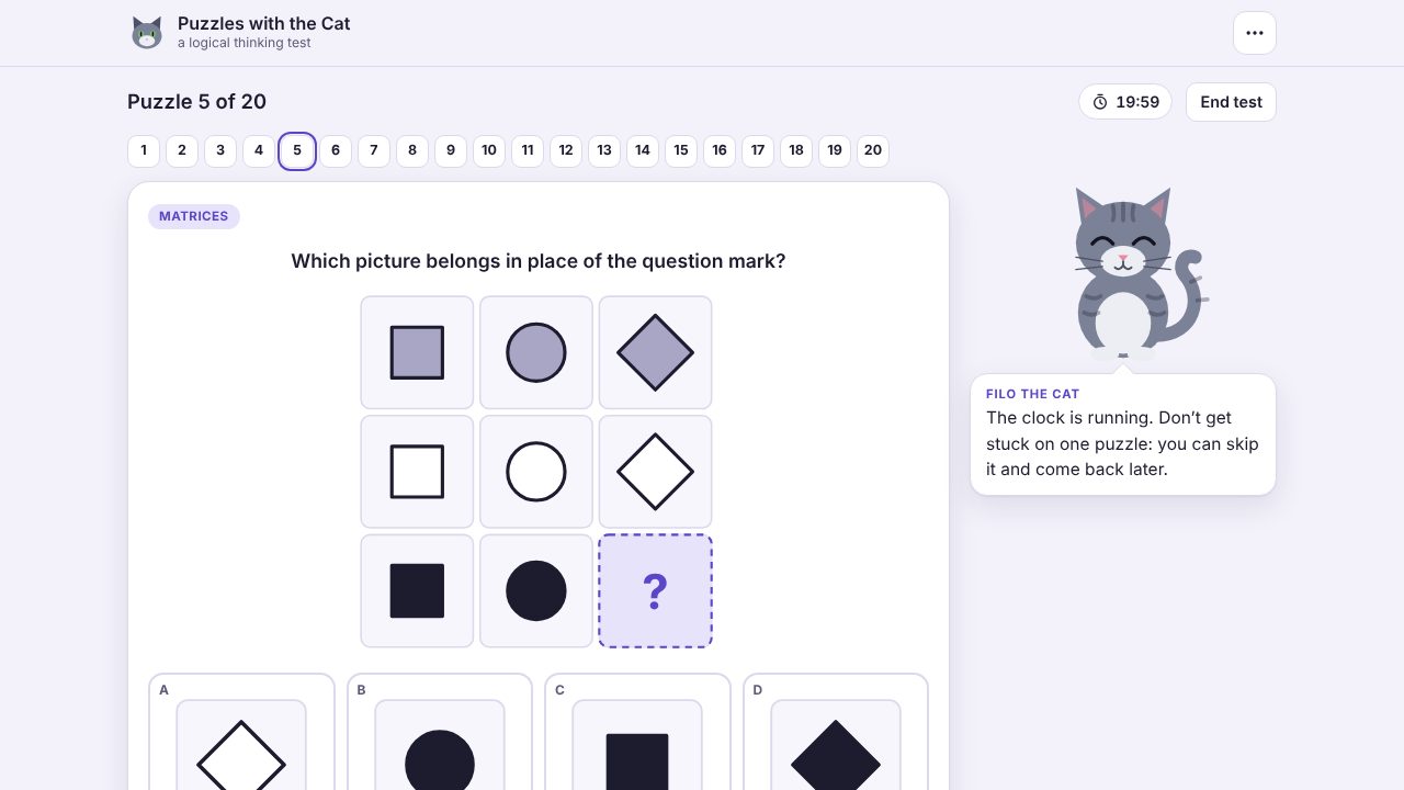 A test puzzle: a 3 by 3 grid of shapes with one picture missing, four answers to choose from and a comment from Filo the Cat.