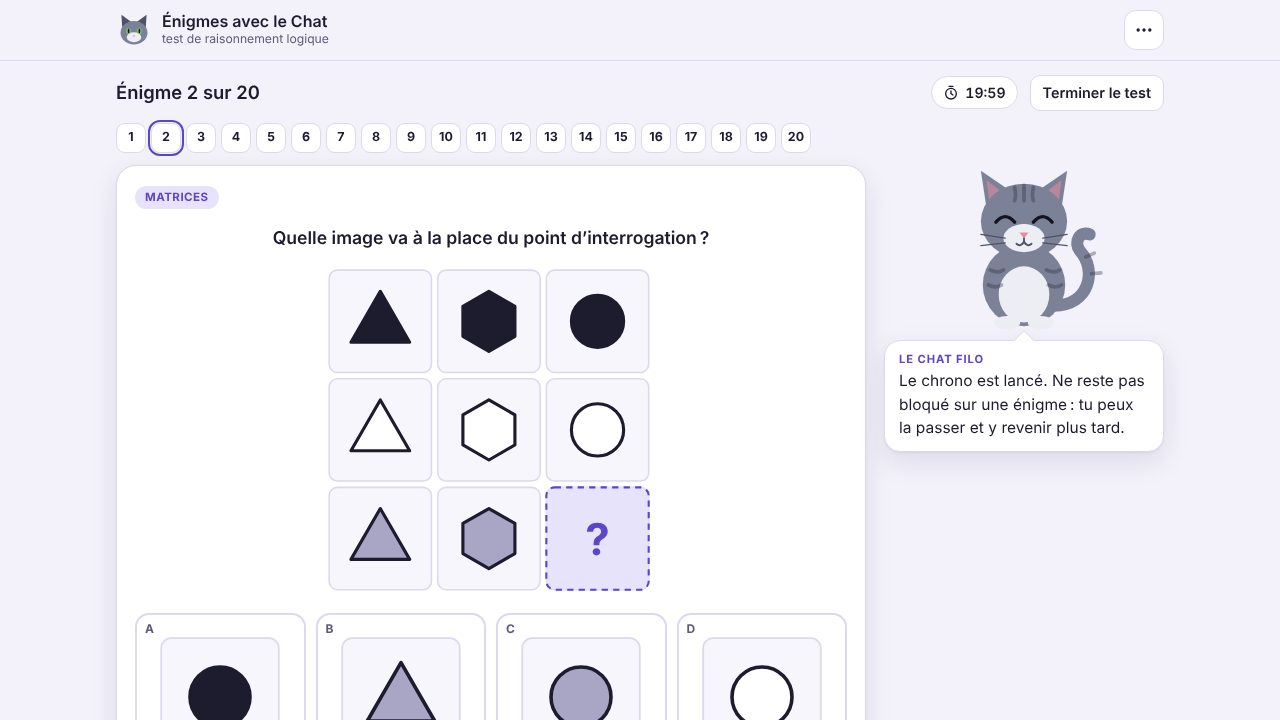 Une énigme du test : une grille de 3 × 3 figures où une image manque, quatre réponses au choix et un commentaire du chat Filo.