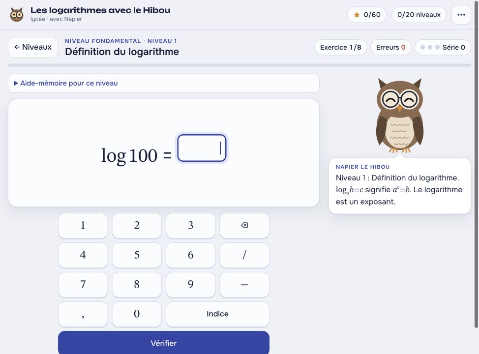 Les logarithmes avec le Hibou — exemple d’exercice