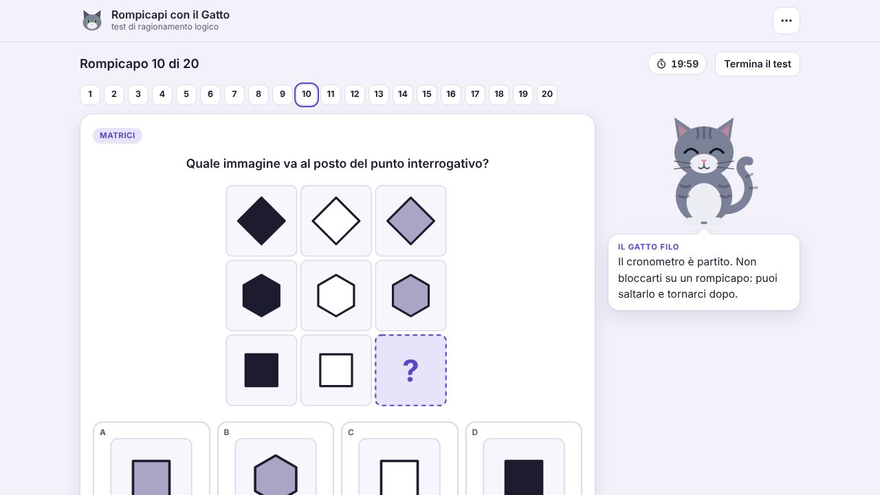 Un rompicapo del test: una griglia di 3 × 3 figure con un’immagine mancante, quattro risposte tra cui scegliere e un commento del gatto Filo.