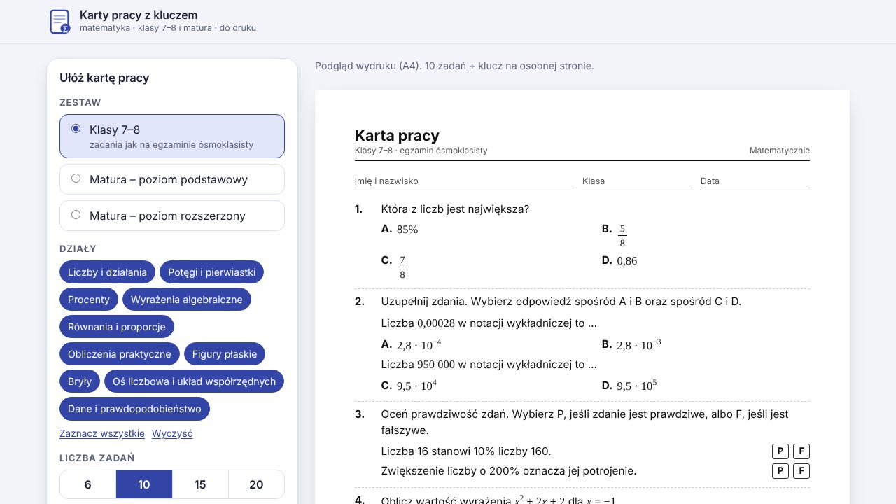 Generator kart pracy: wybór zestawu, działów i liczby zadań oraz podgląd kartki A4 z zadaniami.