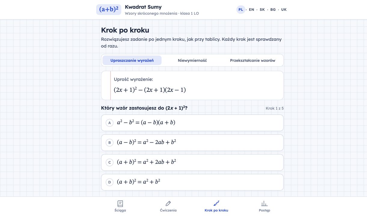 Rozwiązanie wyrażenia algebraicznego krok po kroku z wyborem wzoru skróconego mnożenia.