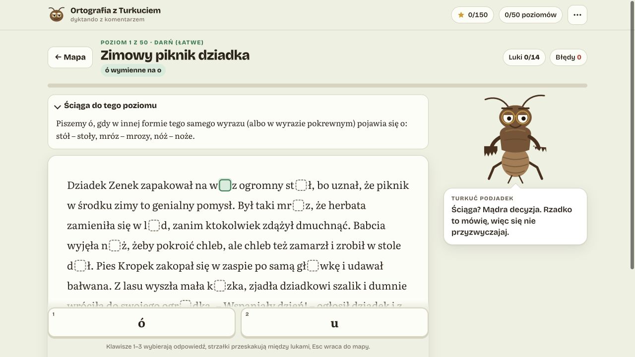 Dyktando „Zimowy piknik dziadka” z lukami, ściągą ortograficzną i odpowiedziami ó oraz u.